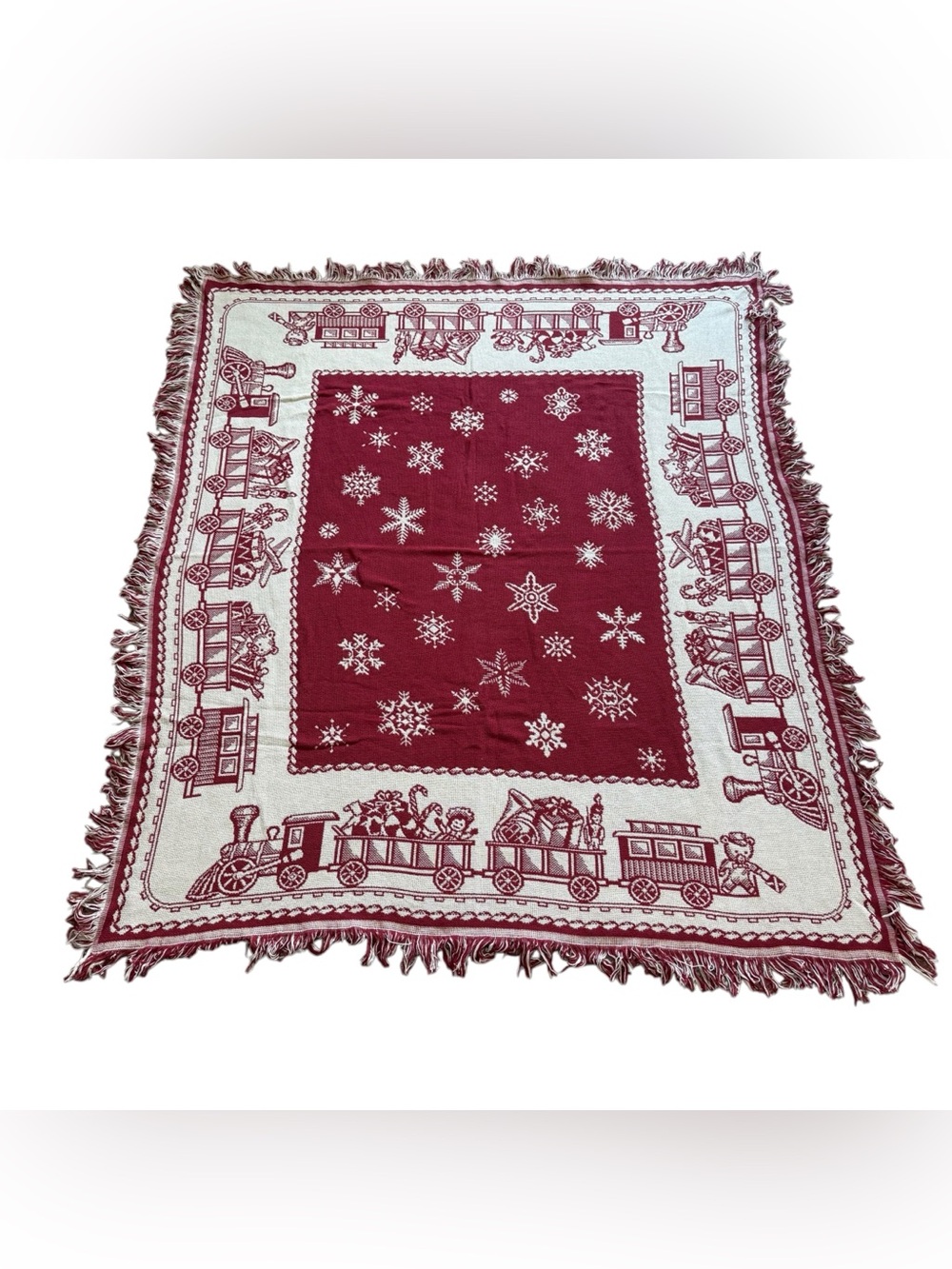 Vintage Crown Crafts Christmas Train Throw Blanket Snowflake 100% Cotton USA
